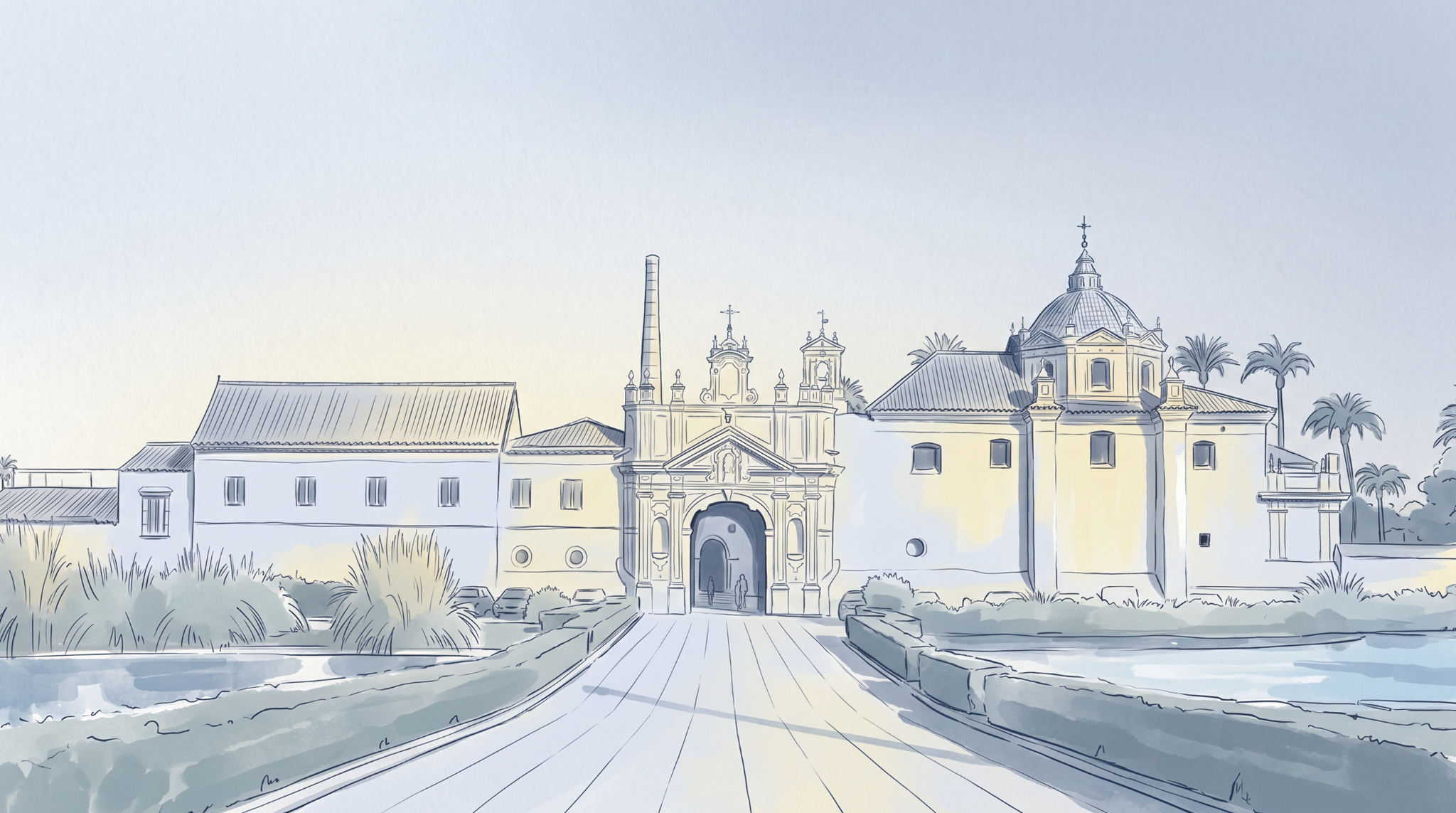 Ilustración de La Cartuja de Sevilla en tonos claros