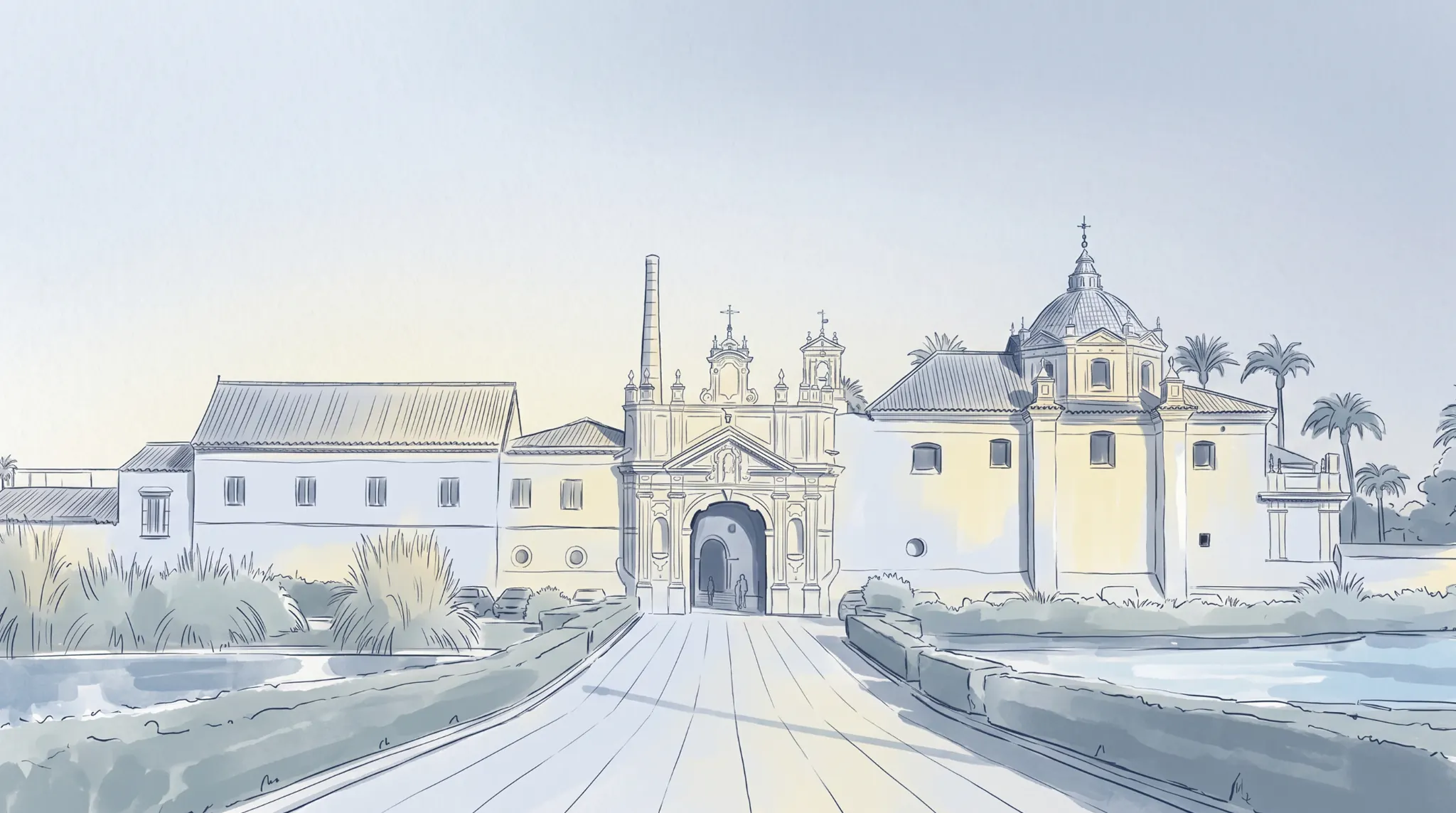 Ilustración de La Cartuja de Sevilla en tonos claros