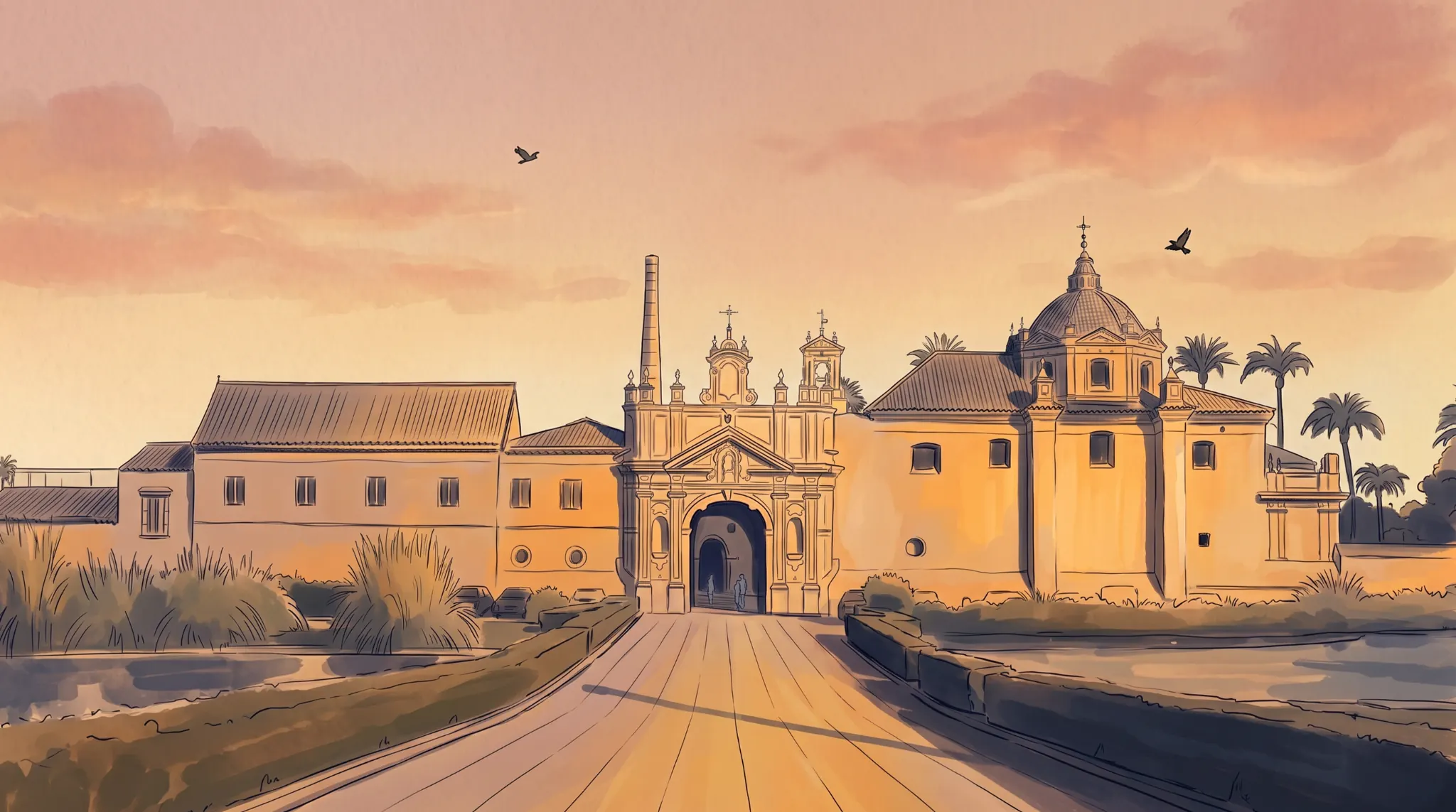 Ilustración de La Cartuja de Sevilla al atardecer