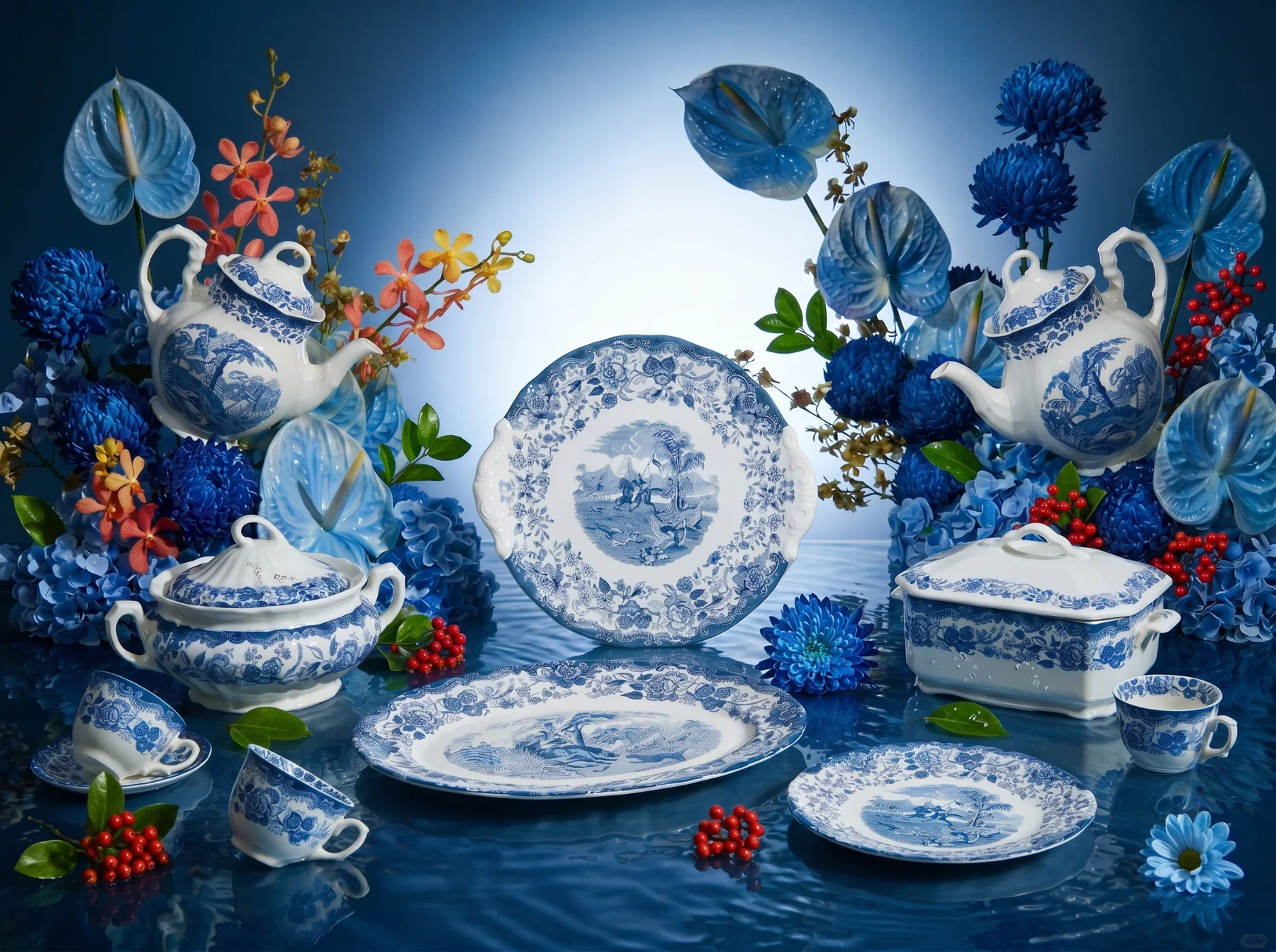 Mesa Aurora Ceilán con piezas azules y flores
