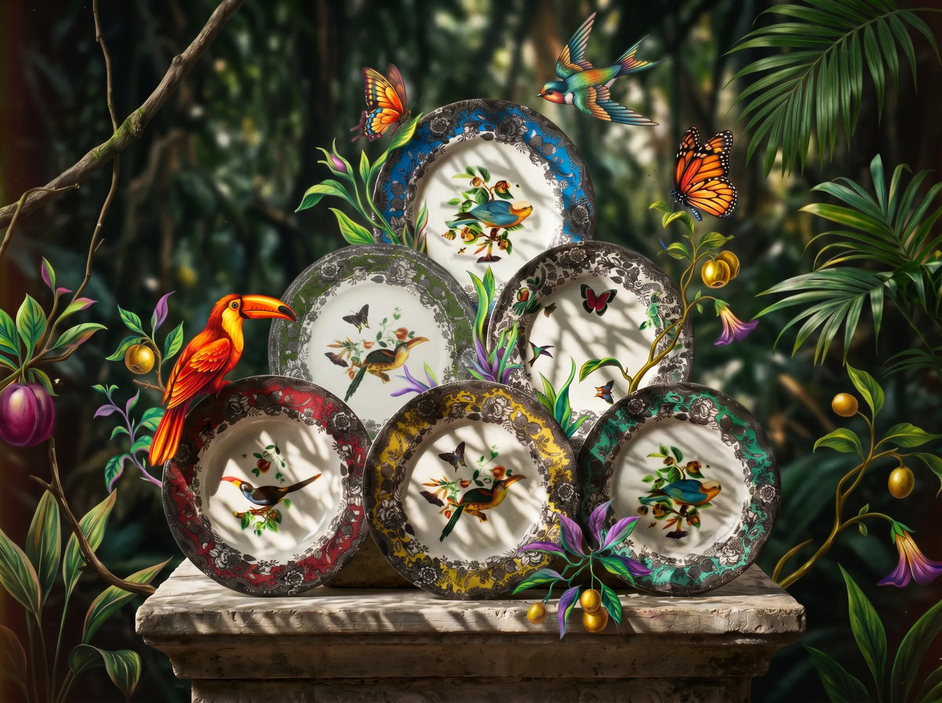 Mesa Aurora Oaxaca con platos y universo selvático ilustrado