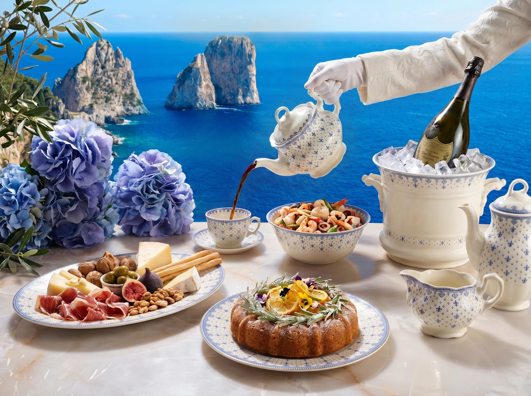 Bodegón mediterráneo con piezas Flor de Lis Azul